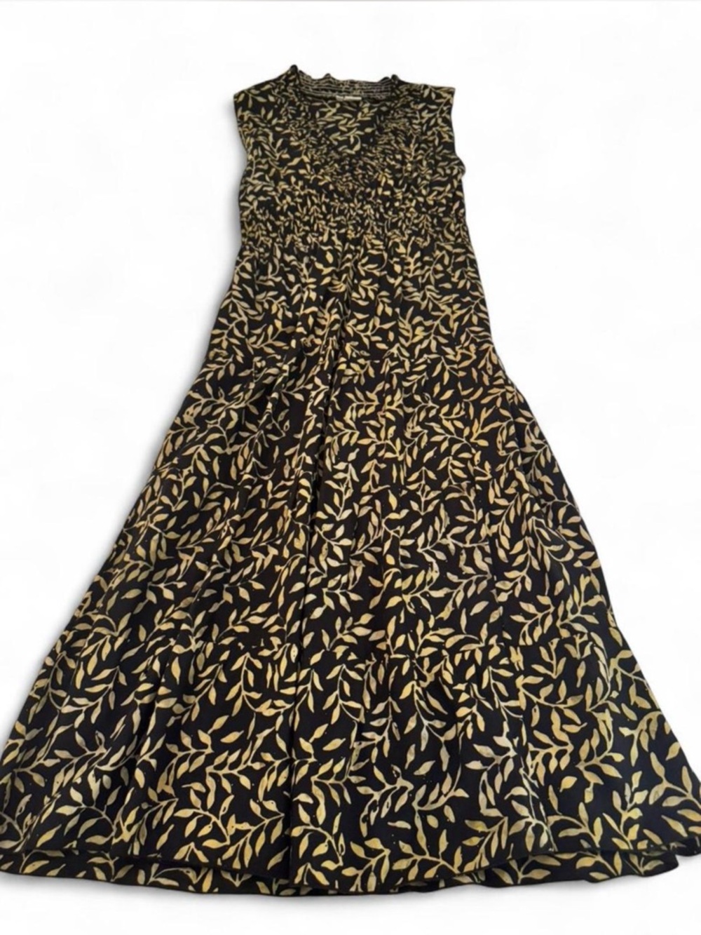 Vintage Black Midi Dress with Gold Leaf Print